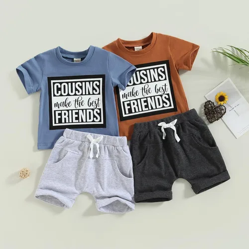 Miniatura 52 de Conjunto de traje de verano para bebé niño pequeño, manga corta, cuello redondo, letras impresas, lindo traje de verano, conjunto de 2 piezas