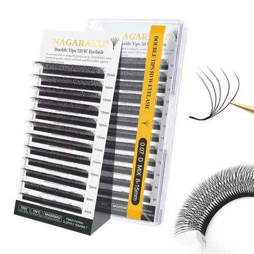 Miniatura 197 de NAGARAKU Extensiones de pestañas Double Tips 4D W, suministros con puntas dobles, gruesas con rizado D de 0.07 mm, bandeja mixta 8-15 mm, 0.07-D