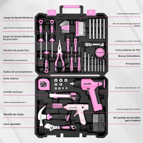 Miniatura 2 de GRENPRO Juego de herramientas rosa, juego de taladro, 188 piezas de kit de herramientas para el hogar con taladro inalámbrico rosa, kit