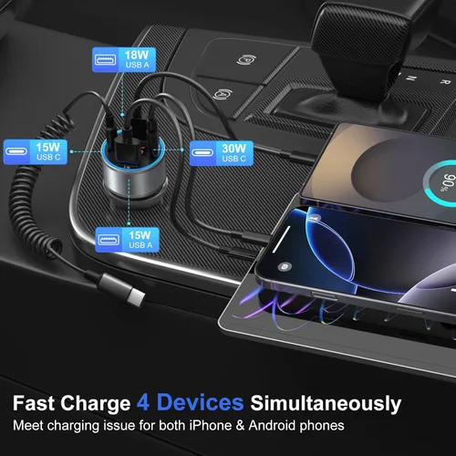 Miniatura 5 de Cargador de coche 5 unidades, 65 W 12 V USB Multi Port QC/PD 3.0 carga rápida adaptador de encendedor de cigarrillos dual USB-C y USB-A cargador Gris