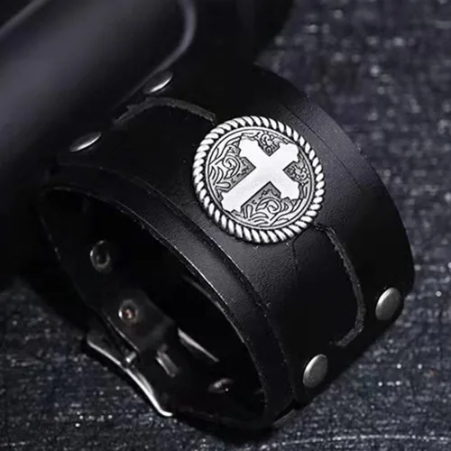 Miniatura 2 de NIGHTCRUZ Pulsera ancha de cuero con cruz, brazalete de puño de cuero medieval para hombres