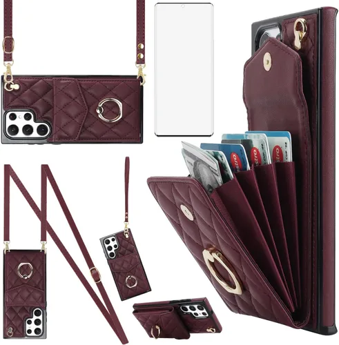 Asuwish Funda de teléfono para Samsung Galaxy S22 Ultra 5G, funda tipo cartera con protector de pantalla de vidrio templado y correa para la muñeca,