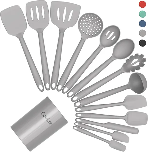 Miniatura 10 de Coukre Juego de utensilios de cocina de silicona con soporte, resistentes al calor, herramientas de cocina de grado alimenticio, espátula, cuchara