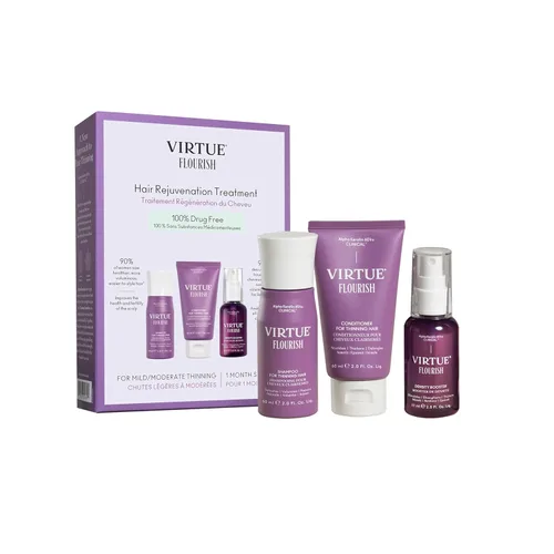 Virtue Flourish - Paquete de tratamiento de champú, acondicionador y refuerzo de densidad para cabello adelgazante para mujeres, régimen capilar