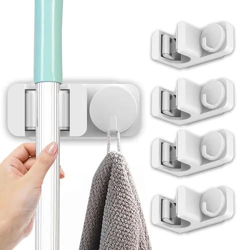 Lxssyil - Soporte de pared para escoba, paquete de 4, soporte de pared autoadhesivo para baño, cocina, garaje, cuarto de lavado, color blanco