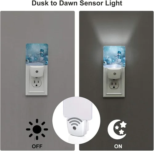 Miniatura 3 de Juego de 2 lámparas LED de noche enchufables de muñeco de nieve, con sensor automático, copos de nieve de Navidad, juego de 2 luces nocturnas