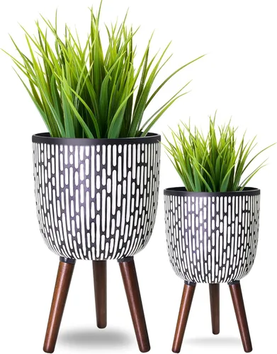 Miniatura 11 de Juego de 2 macetas con soportes, macetas de mediados de siglo para plantas de interior, macetas decorativas modernas para flores para balcón, Blanco