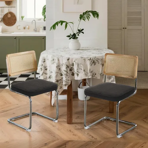 Miniatura 20 de Juego de 4 sillas de comedor de terciopelo tejidas a mano con respaldo de ratán y base cromada, silla de cocina de mediados de siglo, para comedor