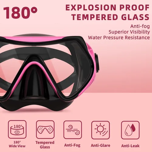 Miniatura 2 de Equipo de esnórquel para adultos, juego de máscara de esnórquel JRing con vidrio templado de 180 grados, gafas antivaho para buceo, esnórquel