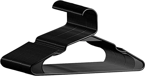 Perchas de plástico, paquete de 20, perchas duraderas que ahorran espacio para uso diario y artículos esenciales para el dormitorio, color negro