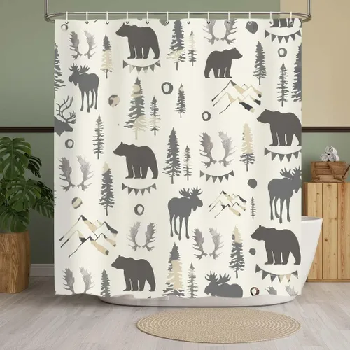 Miniatura 2 de Cortina de ducha de oso de 72 x 72 pulgadas, decoración de baño de bosque de montaña con ciervos y pinos, juego de tela impermeable con temática
