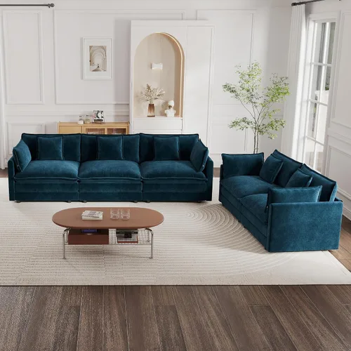 Miniatura 25 de mikibama Juego de sofá biplaza y sillón de lujo de 2 piezas, moderno juego de sofás nube tapizados de chenilla con 5 almohadas para sala de estar