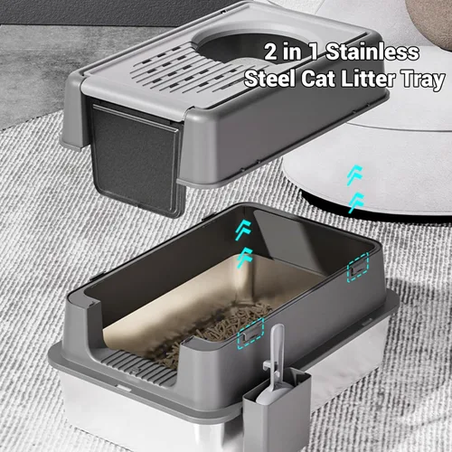 Miniatura 4 de Caja de arena para gatos de acero inoxidable con tapa, caja de arena de metal cubierta cerrada con tapa abatible de 180°, caja para gatos de alta