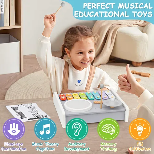 Miniatura 4 de Juego de instrumentos musicales para niños, batería de piano - Juguetes Montessori 5 en 1 para bebés pequeños, kit de música de madera con teclado