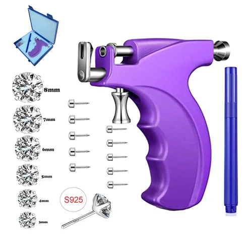 Miniatura 10 de Kit profesional de pistola para perforación de orejas reutilizable para perforación de nariz, labio y cuerpo con 16 pares de aretes hipoalergénicos