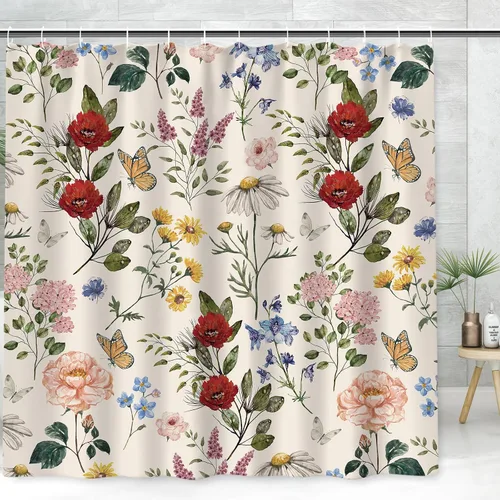 AnyDesign Cortina de ducha de flores silvestres de 72 x 72 pulgadas, cortina de ducha de tela de mariposa retro con 12 ganchos, cortinas de baño
