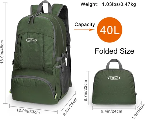 Miniatura 5 de G4Free Mochila de senderismo plegable ligera 40L, mochila de viaje impermeable Verde militar