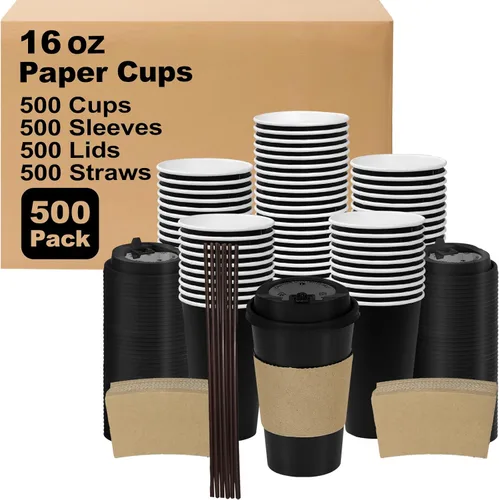 Miniatura 30 de Paquete de 100 tazas de café desechables de pared ondulada corrugada de 16 onzas con tapas y pajitas, tazas aisladas resistentes para bebidas