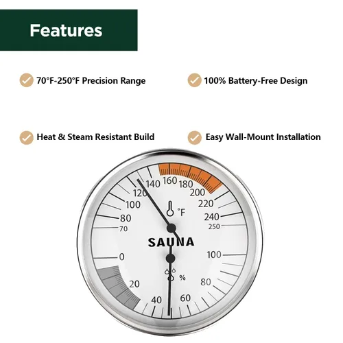 Miniatura 9 de Andelov - Termómetro e higrómetro de sauna – Rango de temperatura 70-250 °F, rango de humedad 0-100% para salas de vapor infrarrojos/de vapor