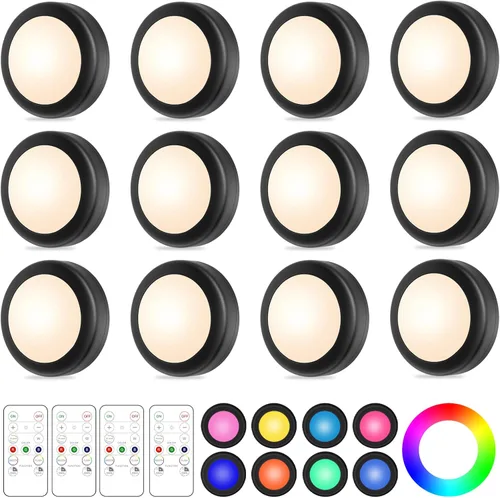 Miniatura 11 de Yiliaw - Paquete de 6 luces LED de disco con control remoto, 16 colores cambiables, iluminación LED debajo del gabinete, luces operadas por Negro