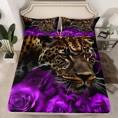 Miniatura 17 de Erosebridal Juego de sábanas bajeras de rosas rojas y leopardo, tamaño individual, diseño de animales africanos salvajes, diseño de plantas