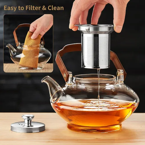 Miniatura 2 de UNBREAKABLE -Tetera de vidrio de 46 onzas con infusor y tapa de acero inoxidable, resistente al calor de vidrio de borosilicato para estufa