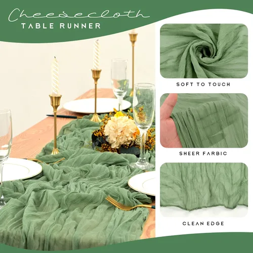 Miniatura 4 de Paquete de 12 caminos de mesa de estopilla 35 x 120 pulgadas de largo, bohemio, tela de queso, gasa, caminos de mesa semi transparentes para Verde