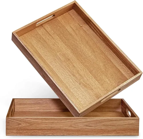 Miniatura 9 de Bandeja de servir de madera de acacia con asas (17 pulgadas) – Bandejas decorativas para servir desayuno en la cama, almuerzo, cena, aperitivos