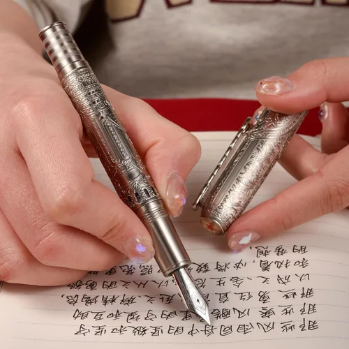 Miniatura 5 de Hongdian 100 - Pluma estilográfica de acero plateado con pistón, punta extra fina de iridio para caligrafía, plumas de escritura suave, bonita pluma