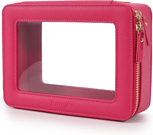 Miniatura 52 de Aveniee Organizador de bolsa de maquillaje transparente, bolsa de aseo de viaje para mujer, bolsa de cosméticos impermeable con cremalleras, Rosa