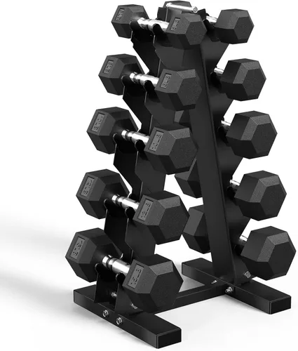 Juego de mancuernas hexagonales con estante (5-230 libras), pesas libres de hierro fundido con revestimiento de goma para entrenamientos totales del