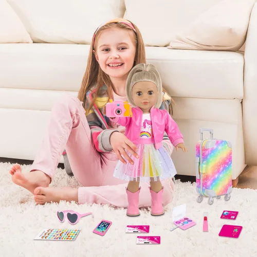 Miniatura 7 de Maleta de accesorios para muñeca de 18 pulgadas, juego de viaje y juego de muñecas estilo arcoíris para regalos de cumpleaños y Navidad para niños