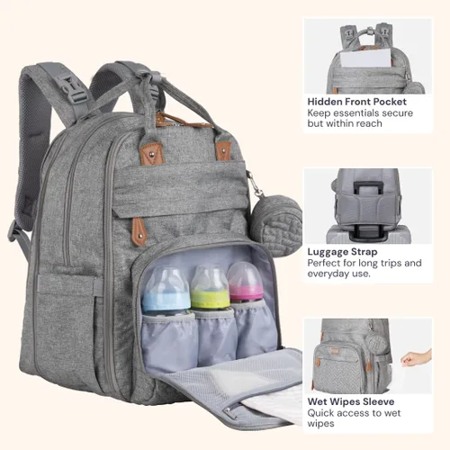 Miniatura 60 de BabbleRoo - Mochila para pañales - Bolso de viaje con artículos esenciales para bebés - Mochila multifunción resistente al agua, bolso de viaje