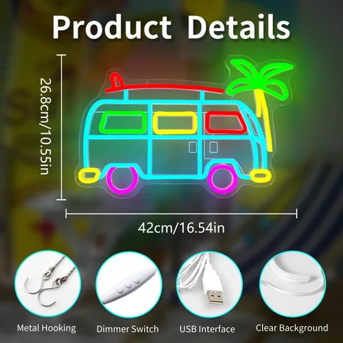 Miniatura 4 de Letrero LED de neón de surf Van para campamento, regulable, retro, autobús, luces de neón, para viajes, autobús, decoración de pared, decoración