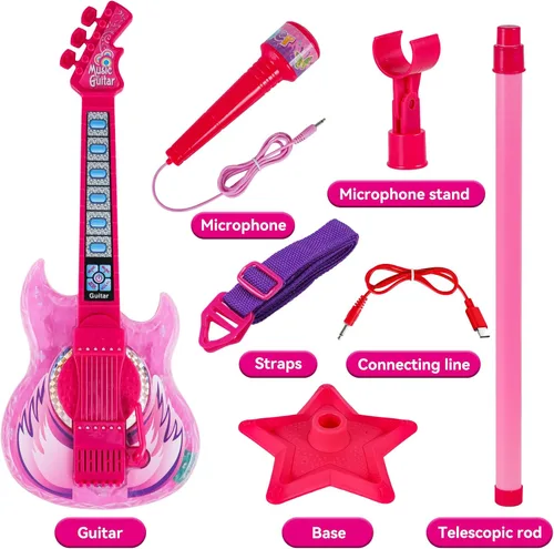 Miniatura 4 de Juego de guitarra y micrófono para niñas, máquina de karaoke con música y luz, juguetes de micrófono con soporte, juguetes de guitarra de altura