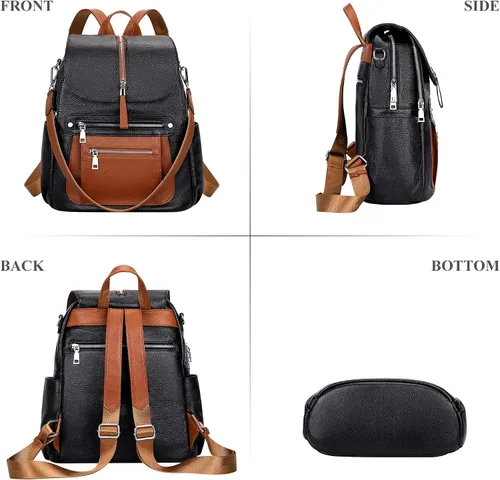 Miniatura 4 de ALTOSY Mochila de cuero para mujer, bolso casual de moda con múltiples bolsillos y solapa