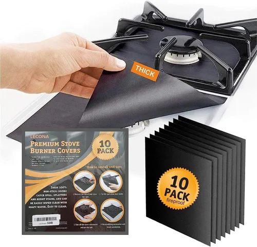 Paquete de 10 protectores de estufa de gas, revestimientos para quemadores de estufa, color negro, tamaño 27 x 27 cm, cubierta antiadherente