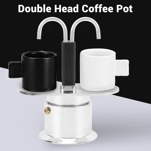 Miniatura 2 de Cafetera doble, aleación de aluminio, doble tubo, estufa italiana, para el hogar, oficina, tamaño compacto, fácil de usar, simultánea, rico sabor