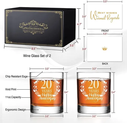 Miniatura 2 de Perfectinsoy Juego de regalo de cristal de whisky de 20 años, regalo de boda para mamá, papá, abuelos, alma gemela, pareja, regalos de 20 años