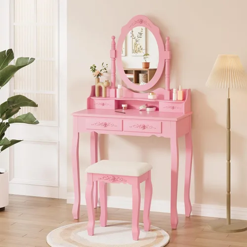 Alohappy - Juego de mesa de maquillaje con espejo y taburete para niñas, mesa de maquillaje y taburete acolchado con 4 cajones, tocador de madera