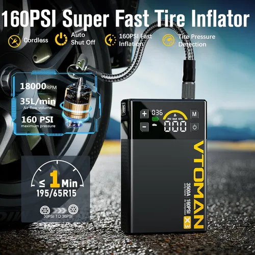 Miniatura 3 de VTOMAN Arrancador de salto X3 con compresor de aire, batería de coche portátil de 3500 A (motores diésel de 9 L/8.5L) con inflador de neumáticos