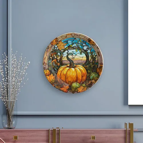 Miniatura 5 de Platos decorativos para colgar en la pared, placa de cerámica con diseño de cristal manchado de arce y calabaza con soporte de exhibición, Diseño
