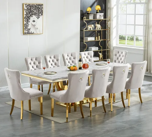 Juego de mesa de comedor grande y moderna de mármol sintético blanco de 94.5 pulgadas, juego de mesa de comedor de 10 piezas con 10 sillas tapizadas