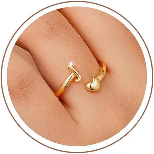 Miniatura 14 de M MOOHAM Anillos de oro para mujeres y niñas – Anillos iniciales con placa de oro de 14 quilates para mujer, no se deslustra, letra A-Z, delicado