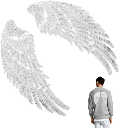Sequin Angel Wings Patch Set Silver Embroidered Iron-on Appliques for DIY Sewing Clothes Decoration Craft Accessories
