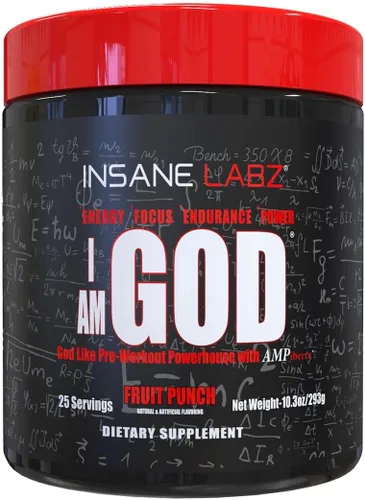 Insane Labz I am God Pre Workout, Polvo de preentrenamiento de alta estimulación cargado con creatina y bitartrato DMAE energizado por AMPiberry,