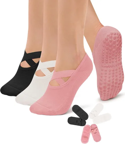 Diu Life Paquete de 3 Calcetines de Pilates Yoga con Agarres para Mujeres, Antideslizantes, Entrenamiento, Pure Barre, Ballet, Danza, Calcetines de