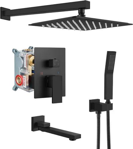 gotonovo Grifo de ducha negro mate, montaje en pared, sistema de ducha de baño de triple función con boquilla de bañera, cuadrado de alta presión,