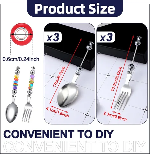 Miniatura 2 de Lasnten Juego de 6 cucharas con cuentas con 50 cuentas surtidas de agujeros grandes, cucharas decorativas de acero inoxidable, artículos
