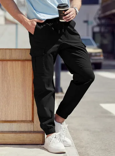Miniatura 6 de JMIERR Pantalones cargo de moda para hombre, casuales, de algodón, elásticos, de sarga con cordón, pantalones deportivos con 6 bolsillos